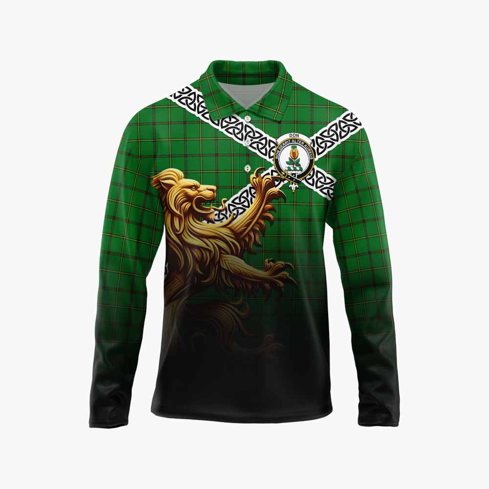 Don Crest Tartan Long Sleeve Polo Shirt with Golden Lion Emblem Celtic Style Unisex - Tartan Vibes Clothing