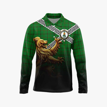 Don Crest Tartan Long Sleeve Polo Shirt with Golden Lion Emblem Celtic Style Unisex - Tartan Vibes Clothing