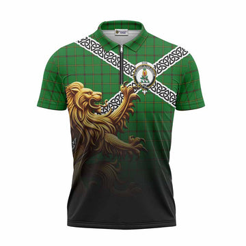 Don Crest Tartan Zipper Polo Shirt with Golden Lion Emblem Celtic Style Unisex - Tartan Vibes Clothing