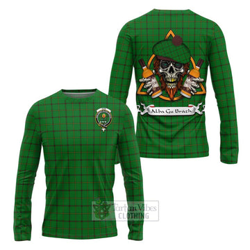Don Tartan Long Sleeve T-Shirt with Family Crest and Bearded Skull Holding Bottles of Whiskey Unisex - Tartan Vibes Clothing