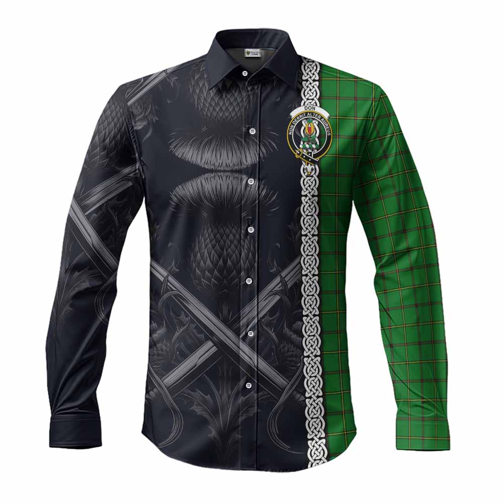 Tartan Vibes Clothing Don Tartan Long Sleeve Button Shirt with Family Crest Cross Sword Thistle Celtic Vibes