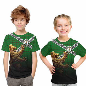 Don Crest Tartan Kid T-Shirt with Golden Lion Emblem Celtic Style Youth XL Size14 - Tartan Vibes Clothing