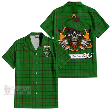 Don Tartan Hawaiian Shirt with Family Crest and Bearded Skull Holding Bottles of Whiskey Kid - Tartan Vibes Clothing