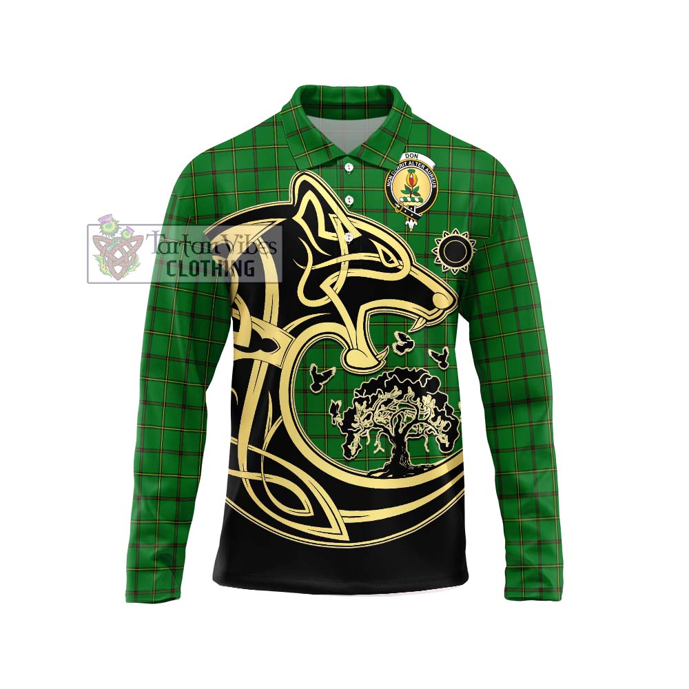 Don Tartan Long Sleeve Polo Shirt with Family Crest Celtic Wolf Style Unisex - Tartan Vibes Clothing