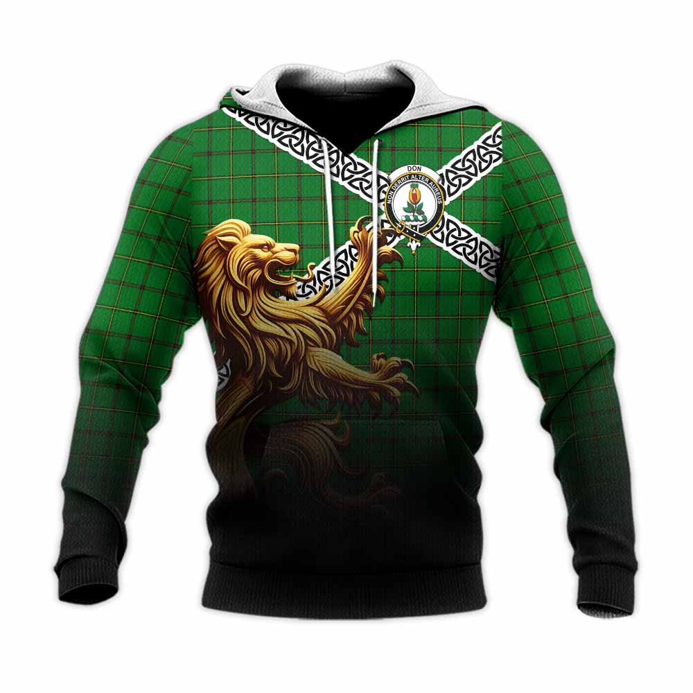 Don Crest Tartan Knitted Hoodie with Golden Lion Emblem Celtic Style Unisex Knitted Pullover Hoodie - Tartan Vibes Clothing