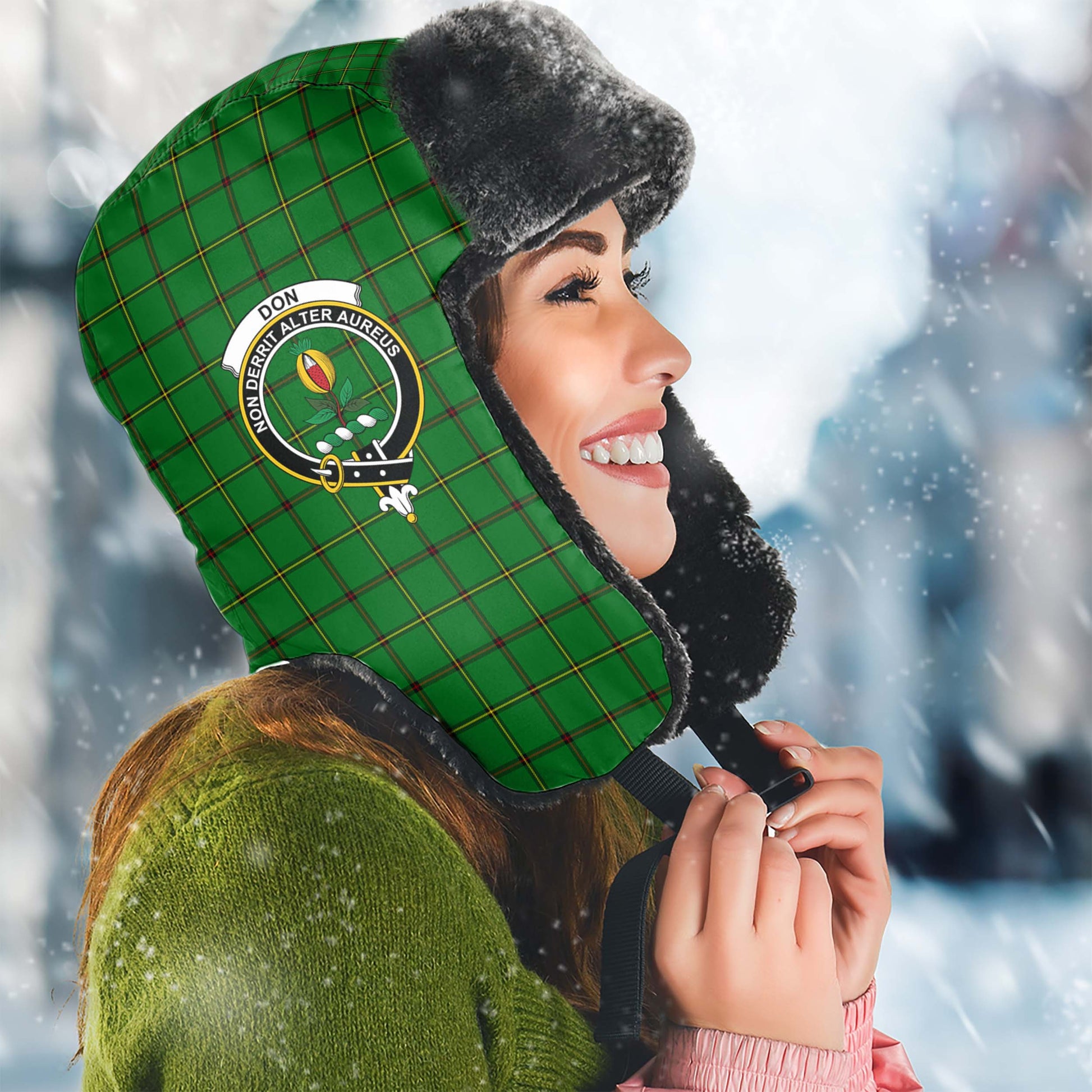 Don Tartan Winter Trapper Hat with Family Crest Winter Trapper Hat Universal Fit Circumference 22.8in (58cm) - Tartan Vibes Clothing