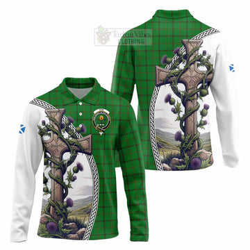 Don Tartan Long Sleeve Polo Shirt with Family Crest and St. Andrew's Cross Accented by Thistle Vines Unisex - Tartan Vibes Clothing