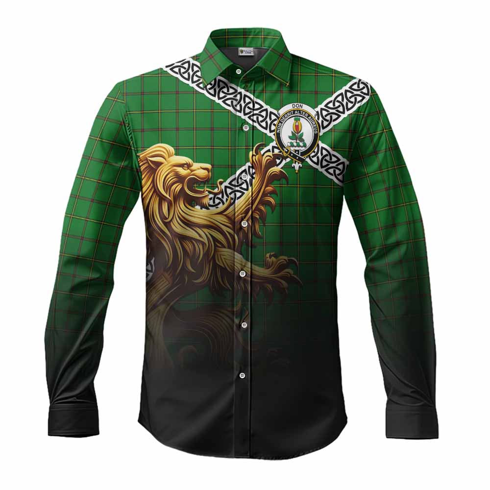 Don Crest Tartan Long Sleeve Button Shirt with Golden Lion Emblem Celtic Style Men's Shirt S - Tartan Vibes Clothing