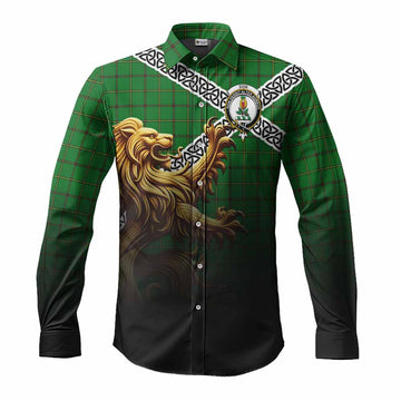 Don Crest Tartan Long Sleeve Button Shirt with Golden Lion Emblem Celtic Style Men's Shirt S - Tartan Vibes Clothing