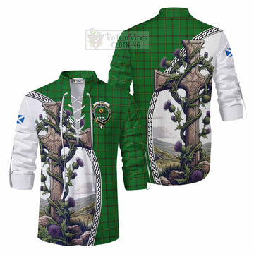 Don Tartan Ghillie Kilt Shirt with Family Crest and St. Andrew's Cross Accented by Thistle Vines Men - Tartan Vibes Clothing