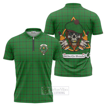Don Tartan Zipper Polo Shirt with Family Crest and Bearded Skull Holding Bottles of Whiskey Unisex - Tartan Vibes Clothing