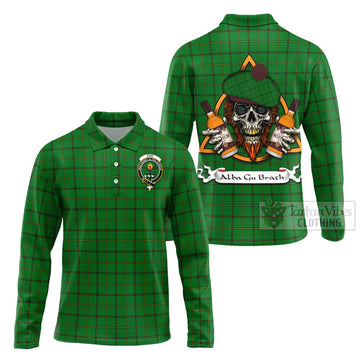Don Tartan Long Sleeve Polo Shirt with Family Crest and Bearded Skull Holding Bottles of Whiskey Unisex - Tartan Vibes Clothing