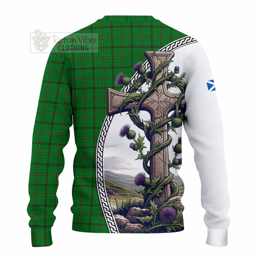 Don Tartan Knitted Sweater with Family Crest and St. Andrew's Cross Accented by Thistle Vines - Tartan Vibes Clothing