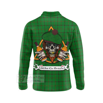 Don Tartan Long Sleeve Polo Shirt with Family Crest and Bearded Skull Holding Bottles of Whiskey - Tartan Vibes Clothing