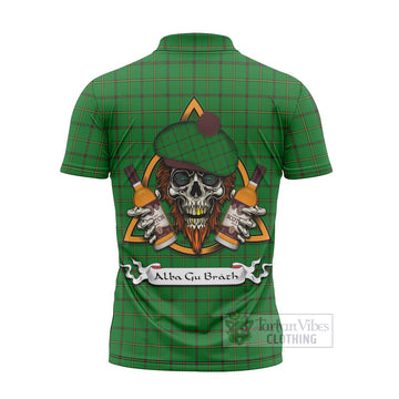 Don Tartan Zipper Polo Shirt with Family Crest and Bearded Skull Holding Bottles of Whiskey - Tartan Vibes Clothing