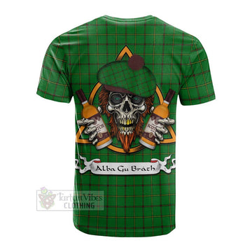 Don Tartan Cotton T-shirt with Family Crest and Bearded Skull Holding Bottles of Whiskey - Tartan Vibes Clothing