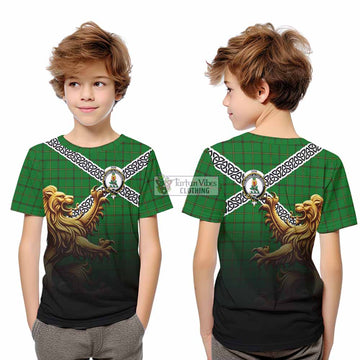 Don Crest Tartan Kid T-Shirt with Golden Lion Emblem Celtic Style - Tartan Vibes Clothing
