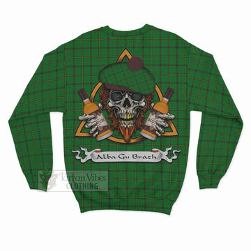 Don Tartan Sweatshirt with Family Crest and Bearded Skull Holding Bottles of Whiskey - Tartan Vibes Clothing