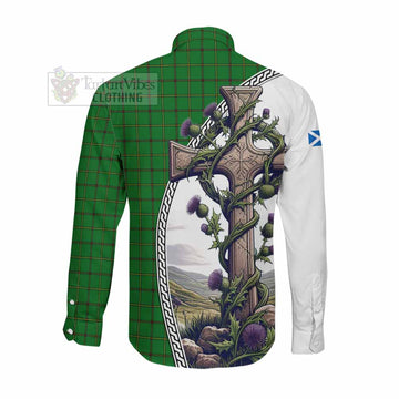 Don Tartan Long Sleeve Button Shirt with Family Crest and St. Andrew's Cross Accented by Thistle Vines Men's Shirt - Tartan Vibes Clothing