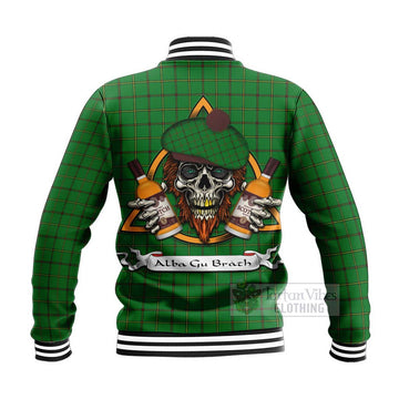 Don Tartan Baseball Jacket with Family Crest and Bearded Skull Holding Bottles of Whiskey - Tartan Vibes Clothing