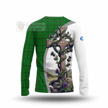 Don Tartan Long Sleeve T-Shirt with Family Crest and St. Andrew's Cross Accented by Thistle Vines - Tartan Vibes Clothing