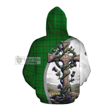 Don Tartan Cotton Hoodie with Family Crest and St. Andrew's Cross Accented by Thistle Vines Pullover Hoodie - Tartan Vibes Clothing