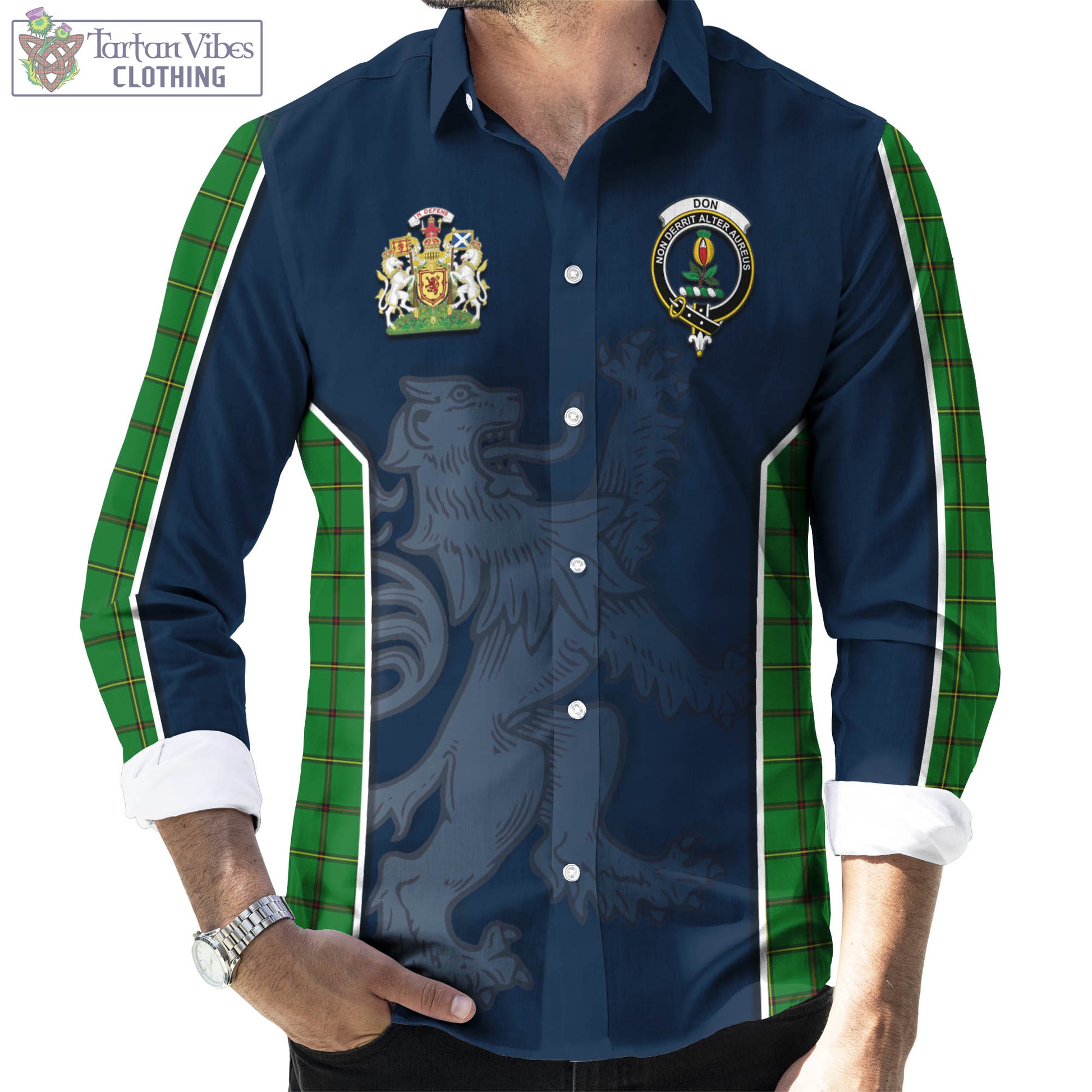 Tartan Vibes Clothing Don Tartan Long Sleeve Button Up Shirt with Family Crest and Lion Rampant Vibes Sport Style