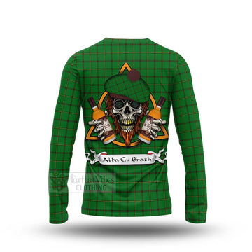 Don Tartan Long Sleeve T-Shirt with Family Crest and Bearded Skull Holding Bottles of Whiskey - Tartan Vibes Clothing