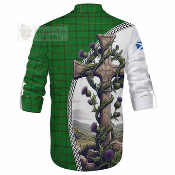 Don Tartan Ghillie Kilt Shirt with Family Crest and St. Andrew's Cross Accented by Thistle Vines - Tartan Vibes Clothing