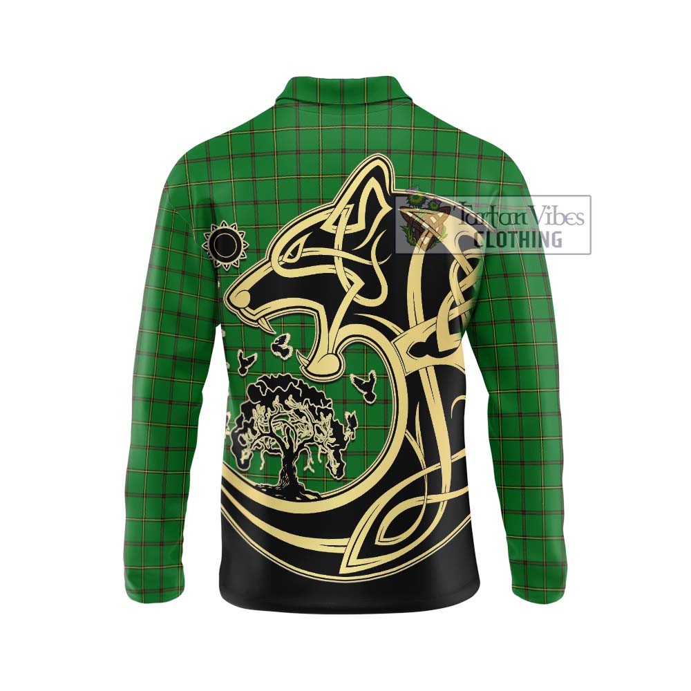 Don Tartan Long Sleeve Polo Shirt with Family Crest Celtic Wolf Style - Tartan Vibes Clothing