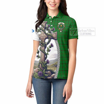 Don Tartan Women's Polo Shirt with Family Crest and St. Andrew's Cross Accented by Thistle Vines - Tartan Vibes Clothing