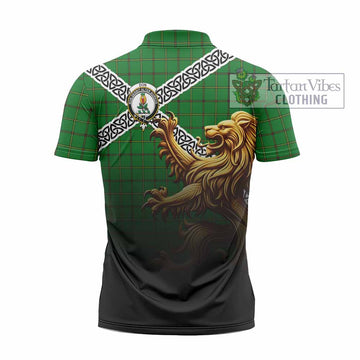 Don Crest Tartan Zipper Polo Shirt with Golden Lion Emblem Celtic Style - Tartan Vibes Clothing