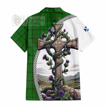 Don Tartan Hawaiian Shirt with Family Crest and St. Andrew's Cross Accented by Thistle Vines - Tartan Vibes Clothing