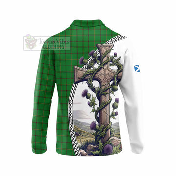 Don Tartan Long Sleeve Polo Shirt with Family Crest and St. Andrew's Cross Accented by Thistle Vines - Tartan Vibes Clothing