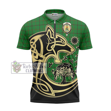 Don Tartan Zipper Polo Shirt with Family Crest Celtic Wolf Style - Tartan Vibes Clothing
