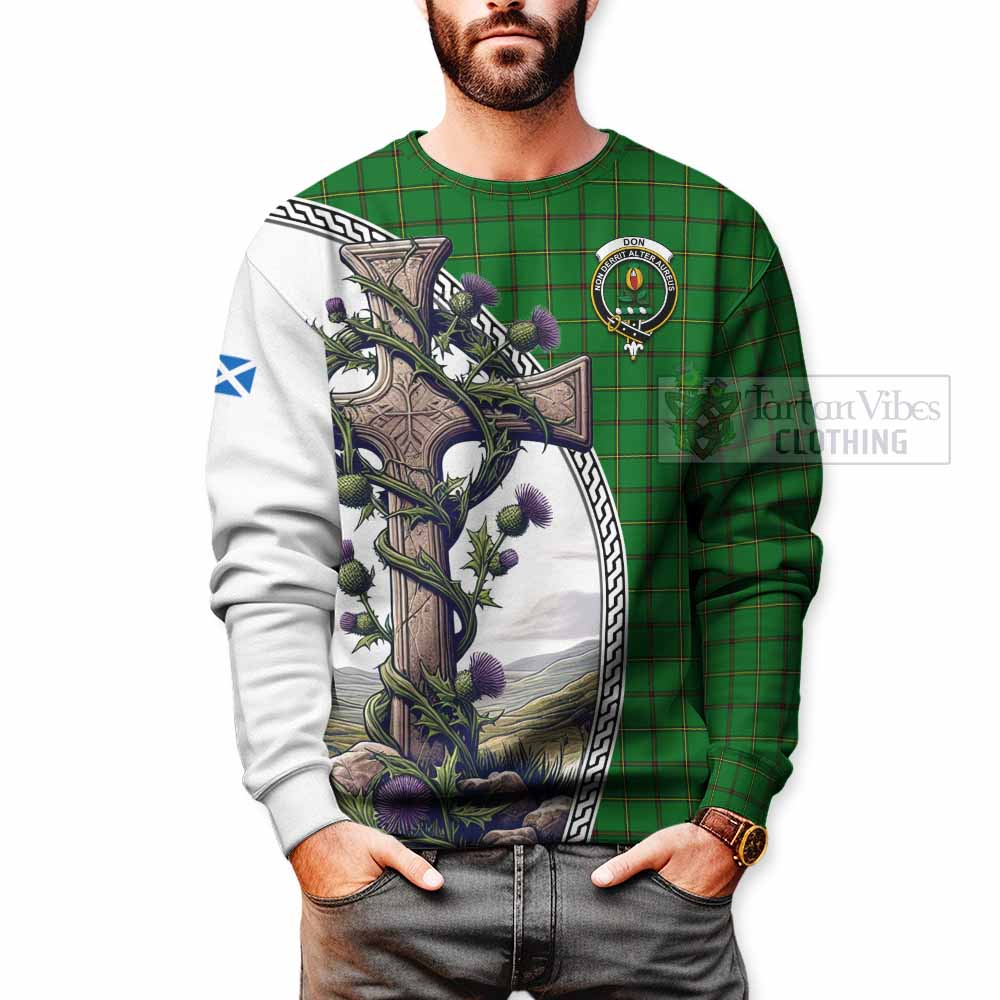 Don Tartan Sweatshirt with Family Crest and St. Andrew's Cross Accented by Thistle Vines - Tartan Vibes Clothing