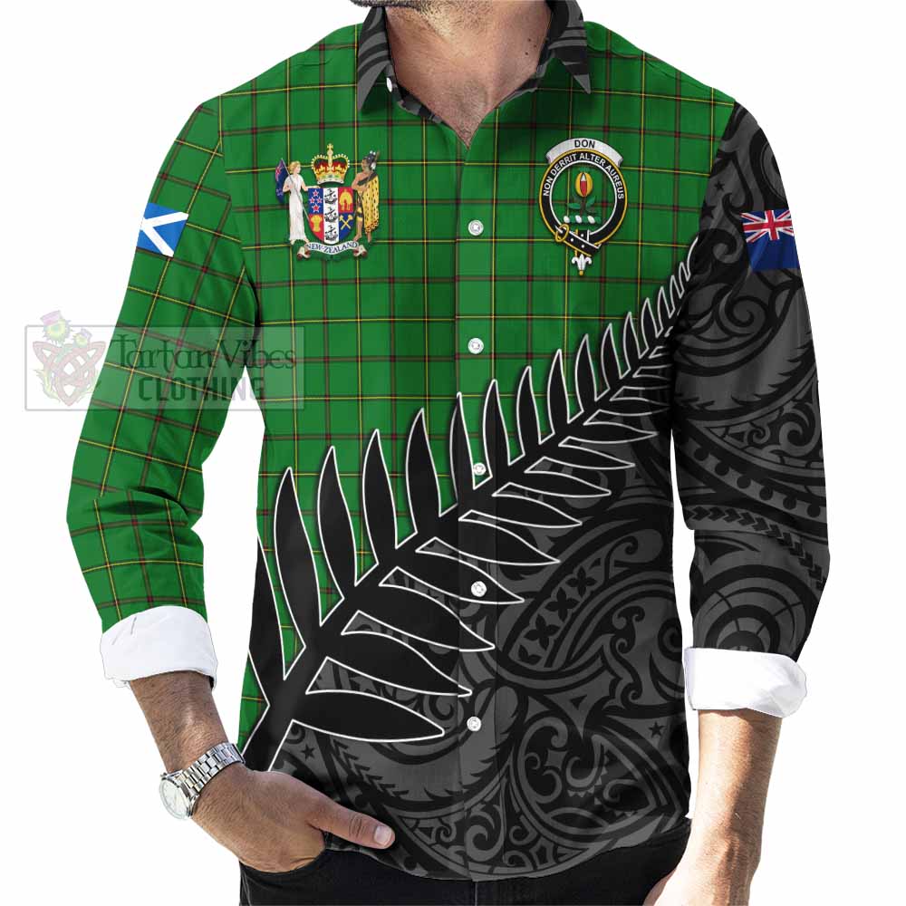 Tartan Vibes Clothing Don Crest Tartan Long Sleeve Button Shirt with New Zealand Silver Fern Half Style