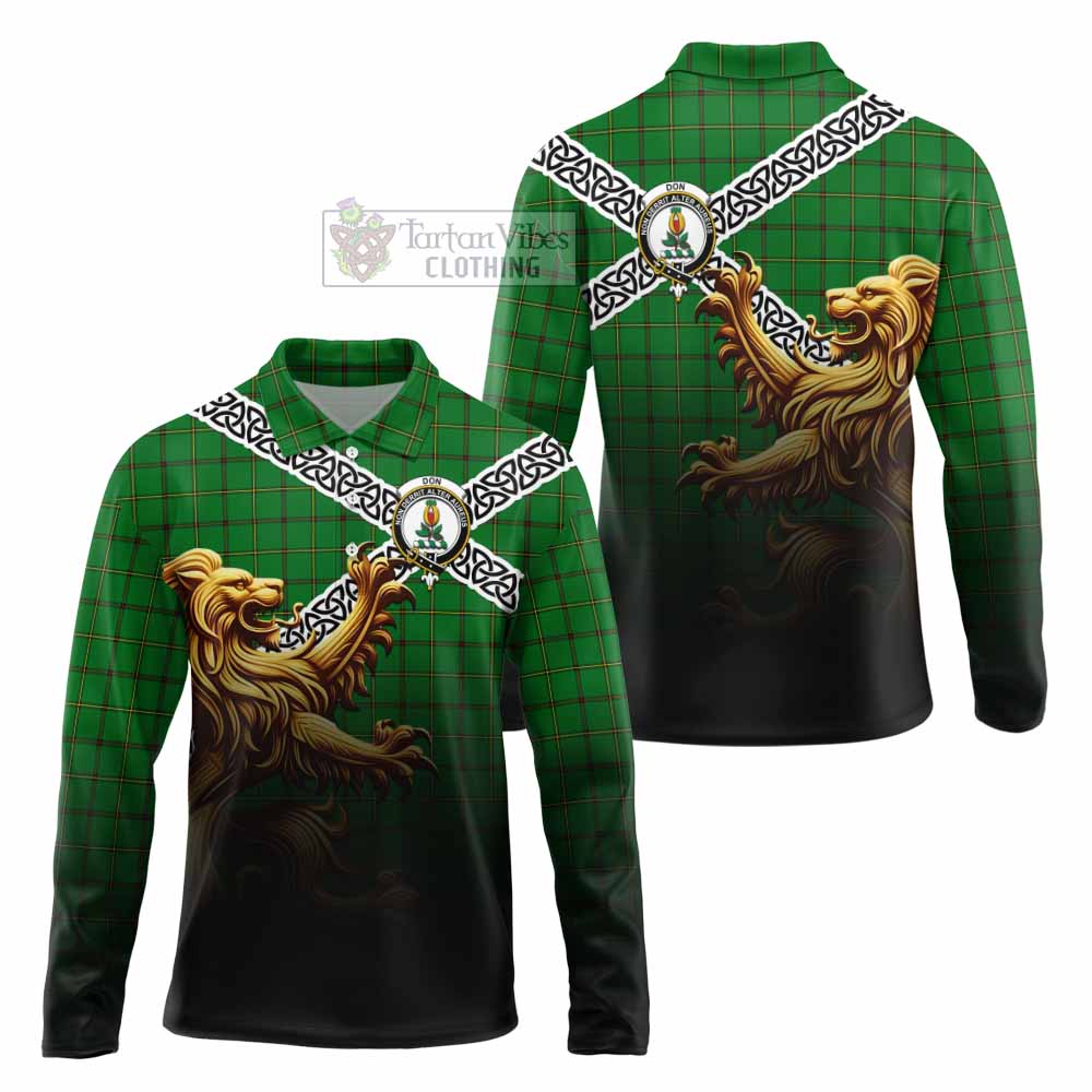 Don Crest Tartan Long Sleeve Polo Shirt with Golden Lion Emblem Celtic Style - Tartan Vibes Clothing