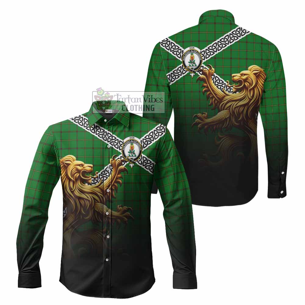 Don Crest Tartan Long Sleeve Button Shirt with Golden Lion Emblem Celtic Style - Tartan Vibes Clothing