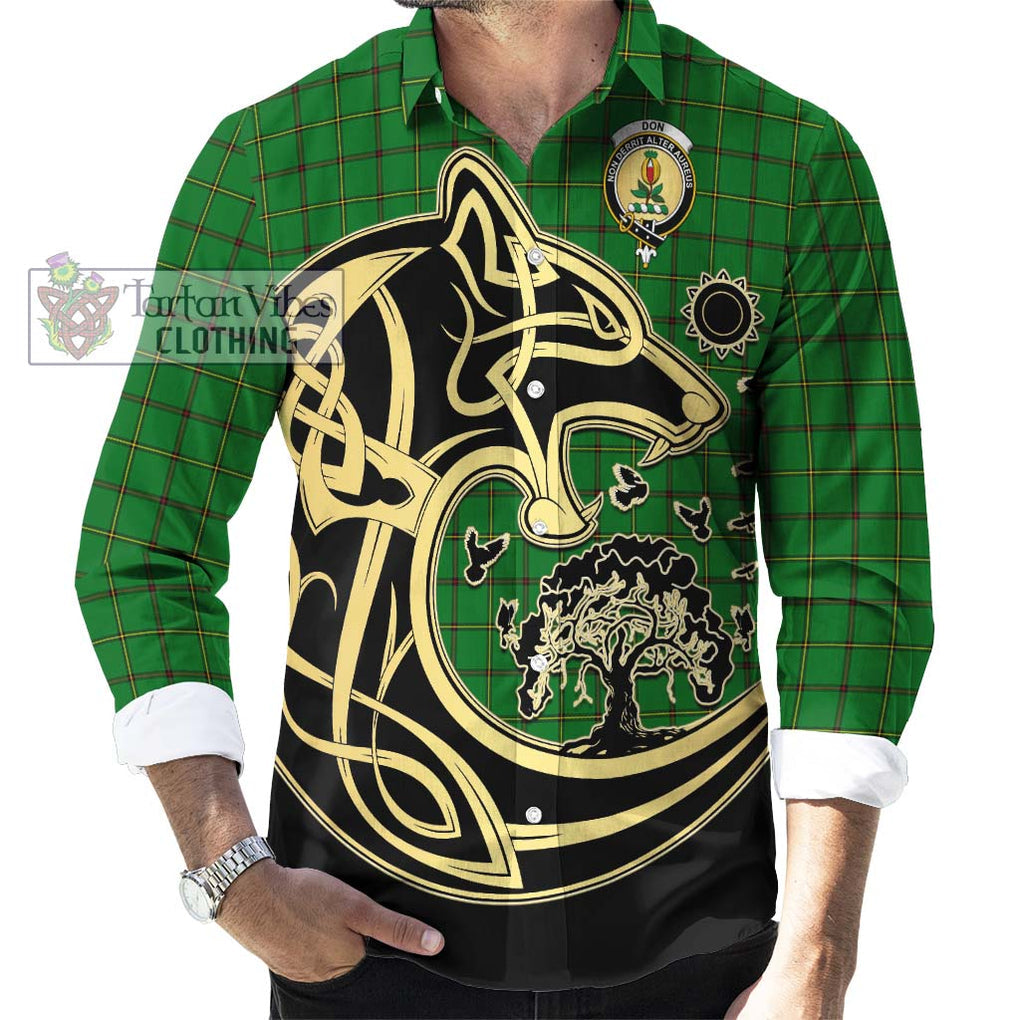 Don Tartan Long Sleeve Button Shirt with Family Crest Celtic Wolf Style - Tartan Vibes Clothing