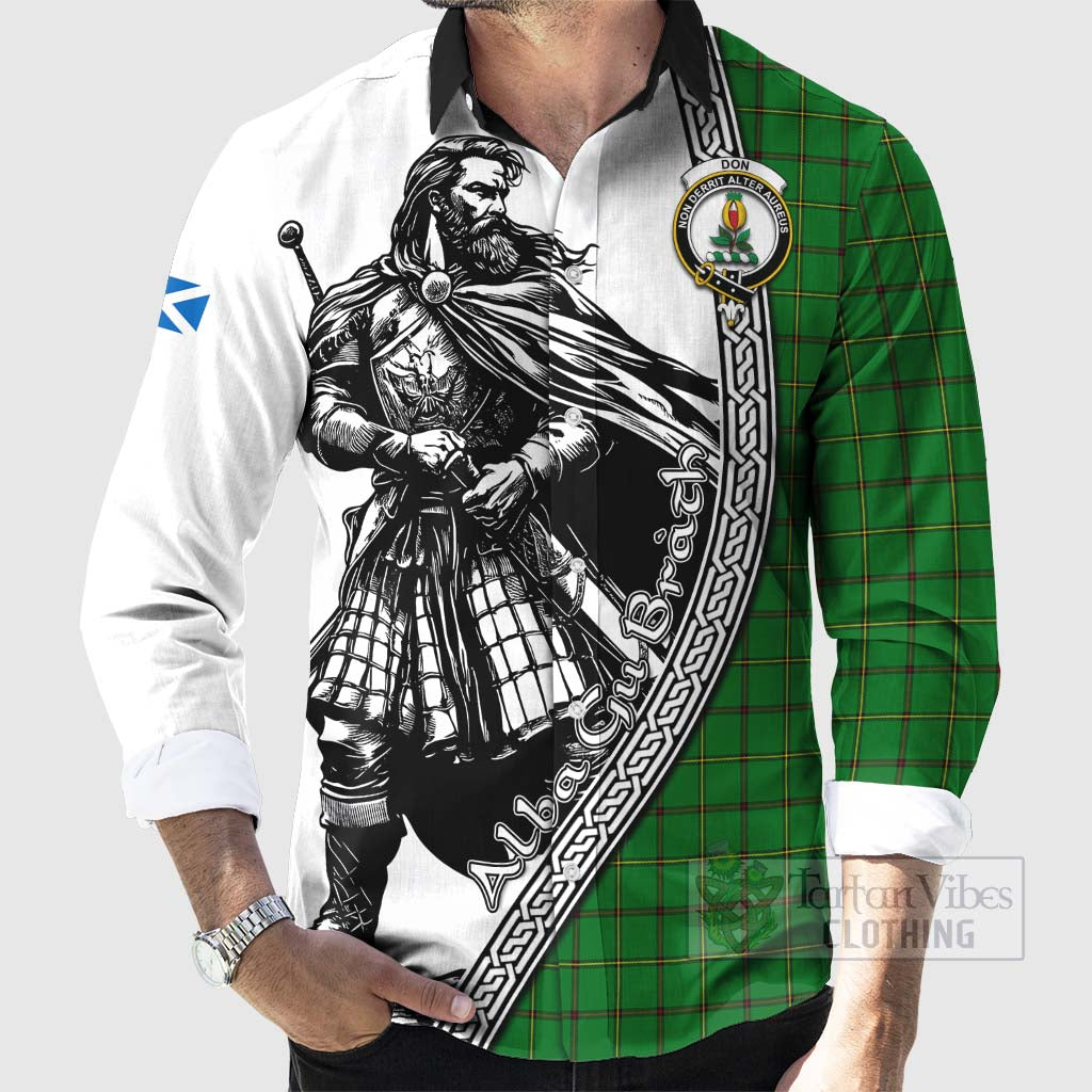 Don Tartan Clan Crest Long Sleeve Button Shirt with Highlander Warrior Celtic Style - Tartan Vibes Clothing