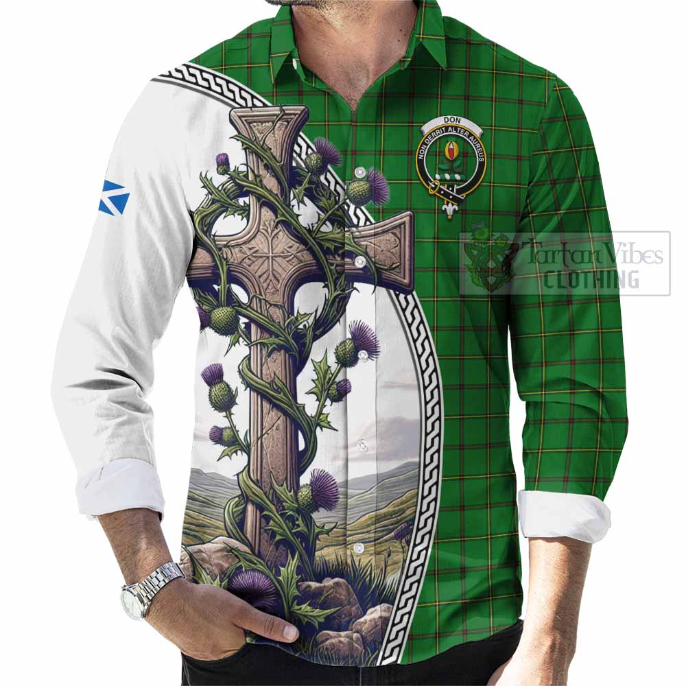 Don Tartan Long Sleeve Button Shirt with Family Crest and St. Andrew's Cross Accented by Thistle Vines - Tartan Vibes Clothing