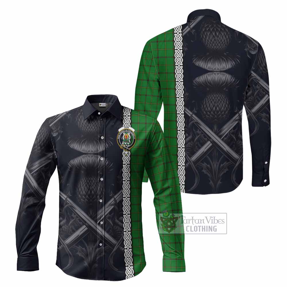 Tartan Vibes Clothing Don Tartan Long Sleeve Button Shirt with Family Crest Cross Sword Thistle Celtic Vibes