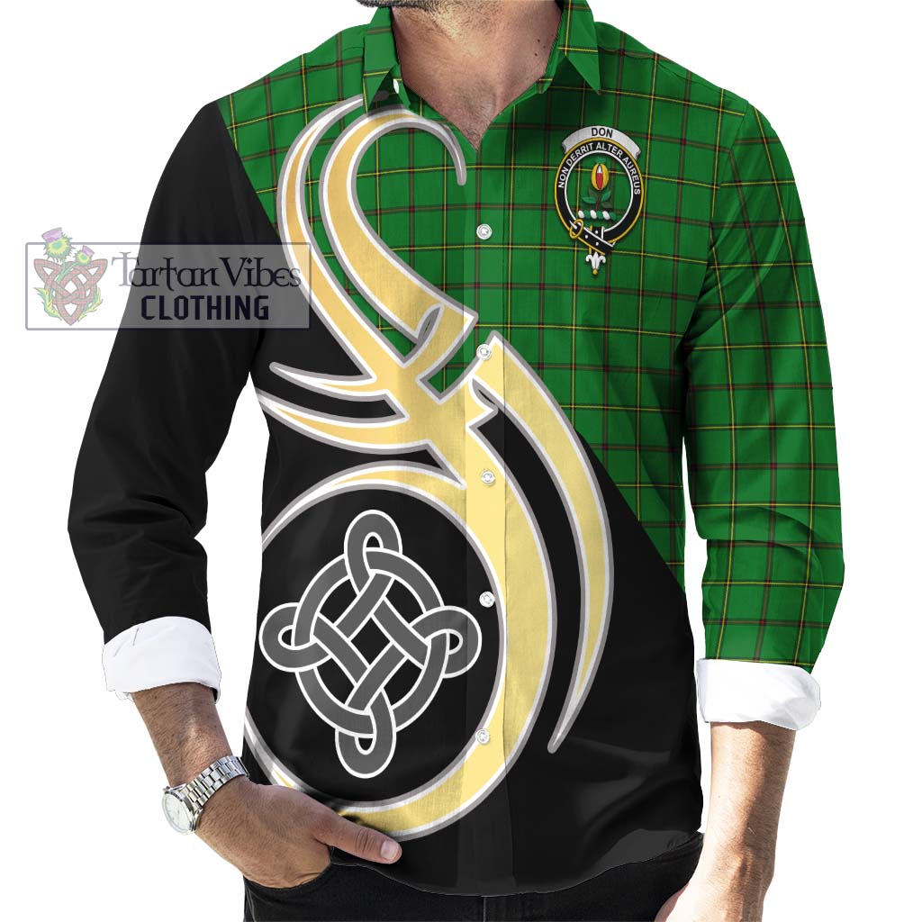 Don Tartan Long Sleeve Button Shirt with Family Crest and Celtic Symbol Style - Tartan Vibes Clothing