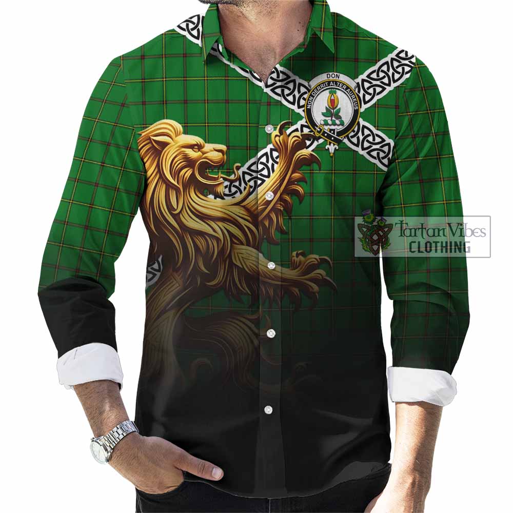 Don Crest Tartan Long Sleeve Button Shirt with Golden Lion Emblem Celtic Style - Tartan Vibes Clothing