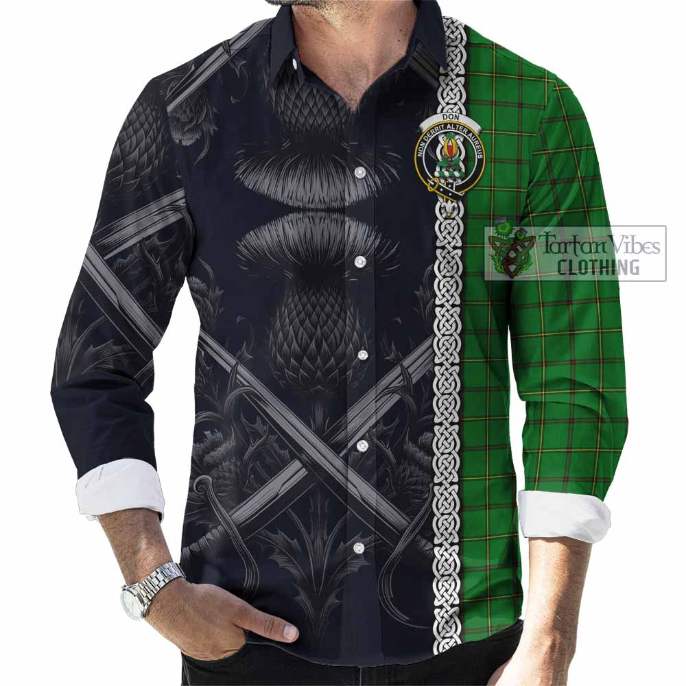 Tartan Vibes Clothing Don Tartan Long Sleeve Button Shirt with Family Crest Cross Sword Thistle Celtic Vibes