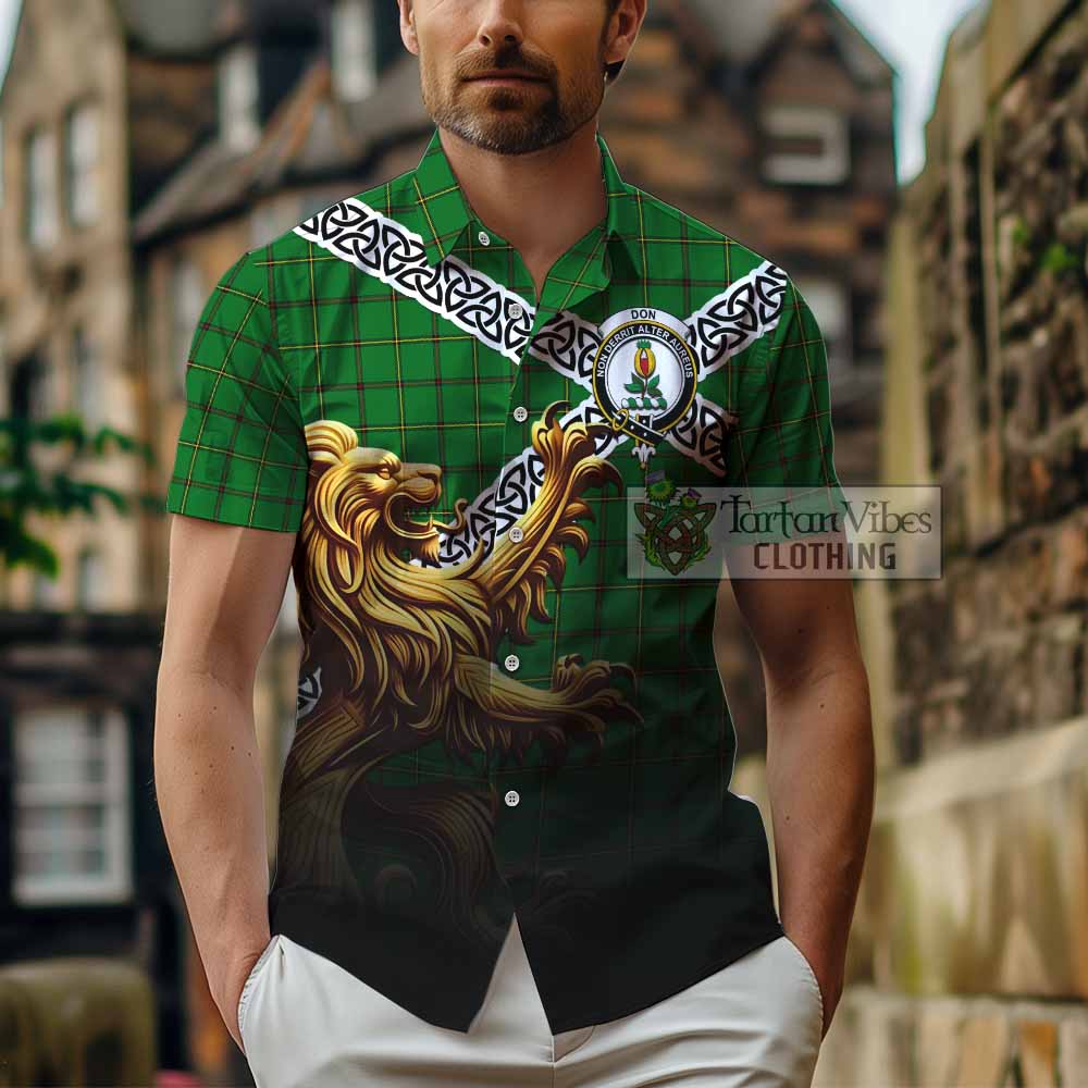 Don Crest Tartan Hawaiian Shirt with Golden Lion Emblem Celtic Style - Tartan Vibes Clothing