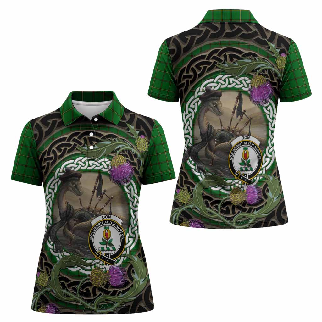 Don Tartan Crest Bagpipe Nessie Women Polo Shirt Scottish Loch Ness Monster Celtic Thistle