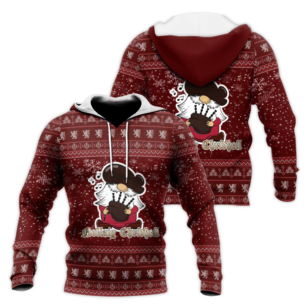 Donachie of Brockloch Clan Christmas Knitted Hoodie with Funny Gnome Playing Bagpipes Red - Tartanvibesclothing