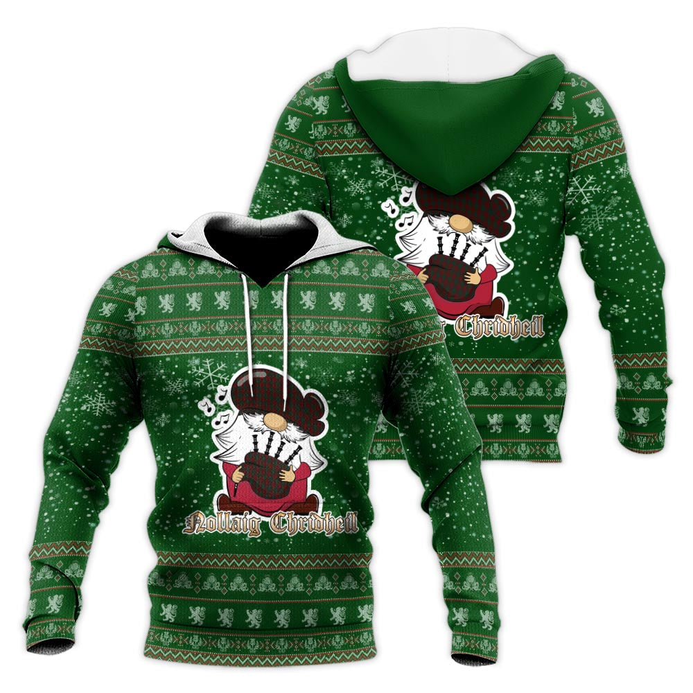 Donachie of Brockloch Clan Christmas Knitted Hoodie with Funny Gnome Playing Bagpipes Green - Tartanvibesclothing